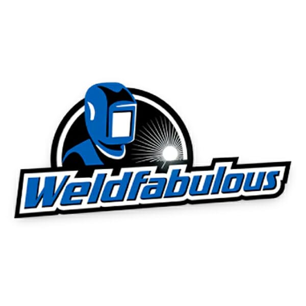 Weldfabulous Logo represented by a man in helmet and weldfabulous text, both in blue font.