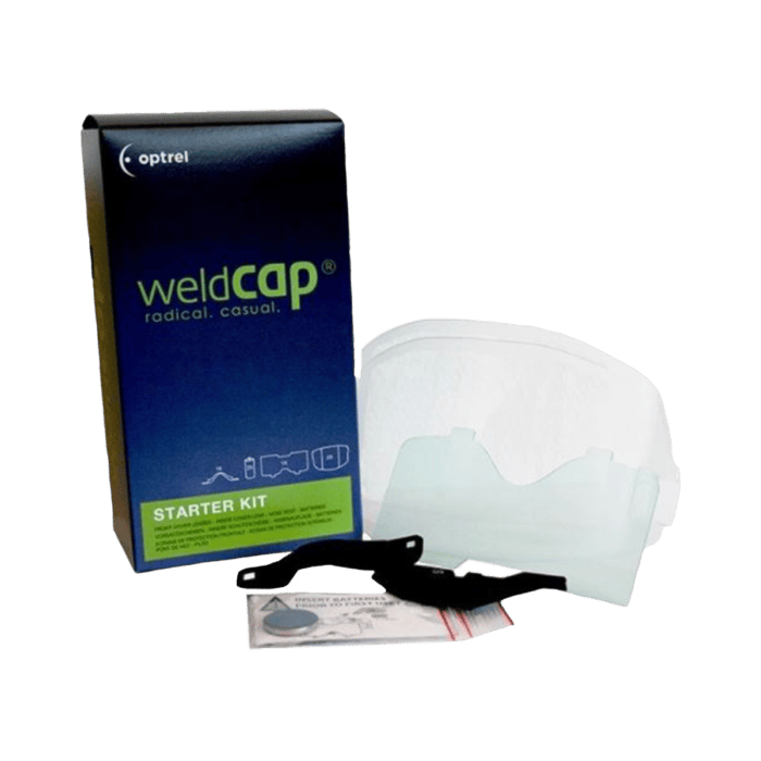Starter Kit For Weldcap Series box and white helmet with black strap.