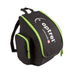Optrel Helmet Black Backpack with two side pockets highlighted with green zippers. The Optrel logo and brand is printed on the center.