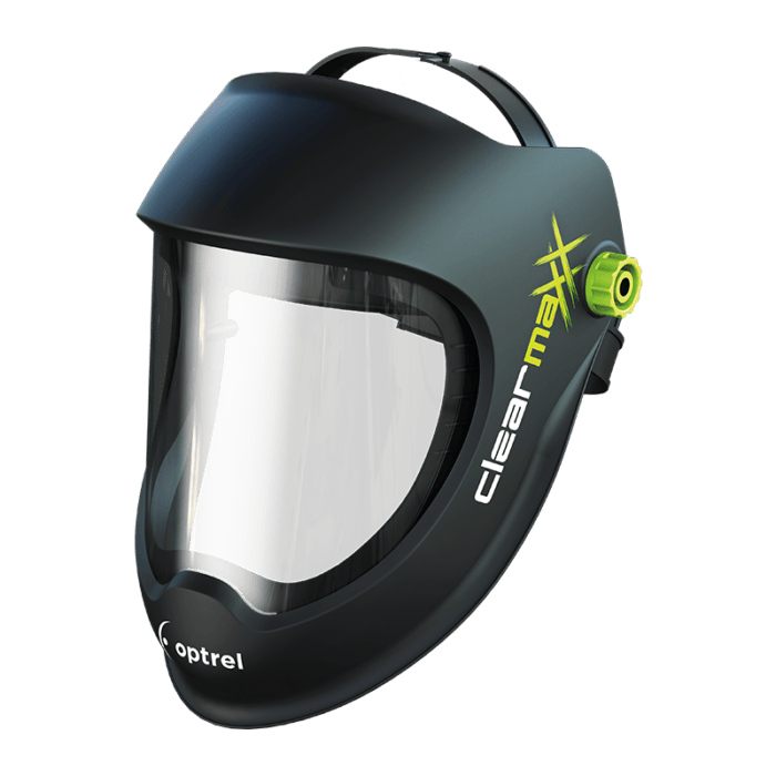 Tilted view of Optrel Clearmaxx Standard welding helmet with green adjustable knobs and Clearmaxx logo on the side, and the Optrel logo on the front.