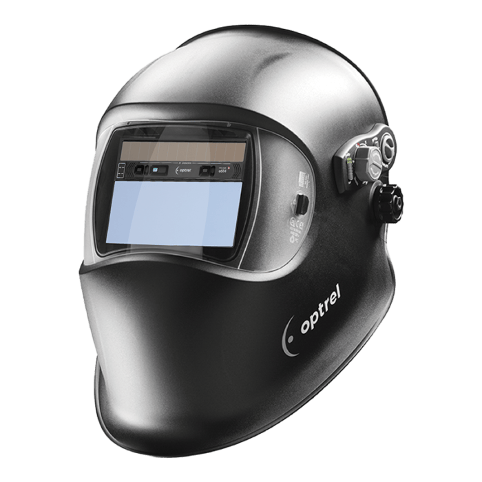 Optrel E684 (Black) welding helmet with black and grey adjustable knobs, and Optrel logo on the side.