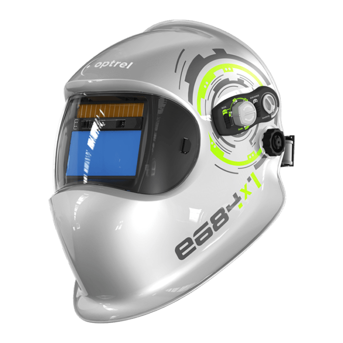 Optrel E684 welding helmet in grey with adjustable knob on the ear side.