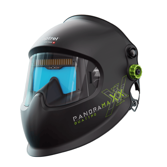 The Optrel Panoramaxx Quattro (black) welding helmet with green knob, optrel logo on the forefront, and Panoramaxx Quattro logo on the side.