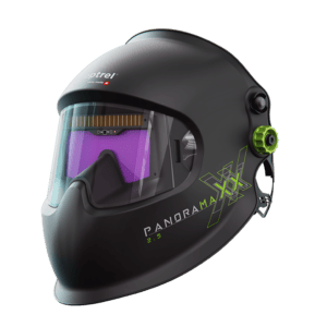Optrel Panoramaxx 2.5 welding helmet with green adjustable knob, optrel logo on the front and panorama 2.5 logo on the side.