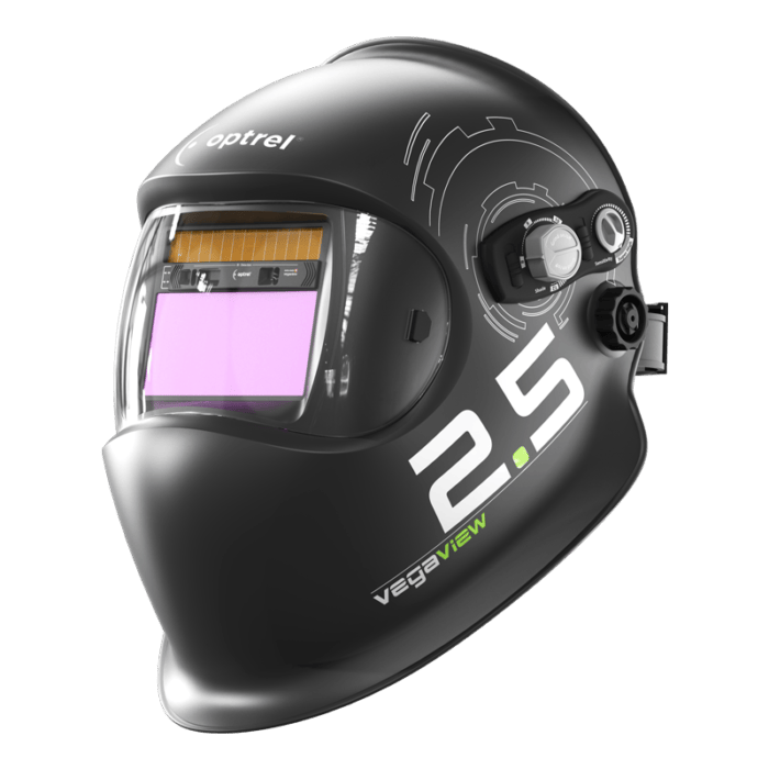 Optrel Vegaview 2.5 (Black) welding helmet with grey adjustable knob and Vega view 2.5 logo on the side.