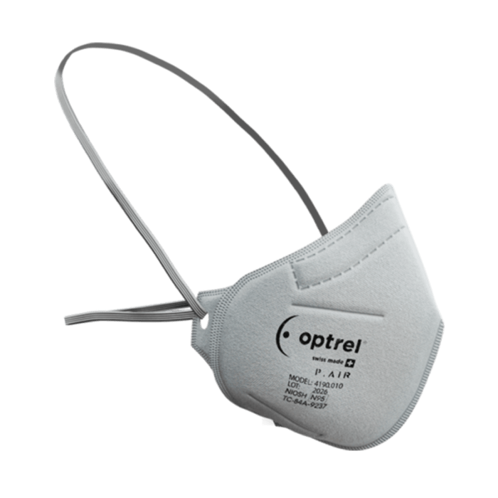 Optrel P.Air N95 Masks White (400 pack) with Optrel logo in black, and white strap.