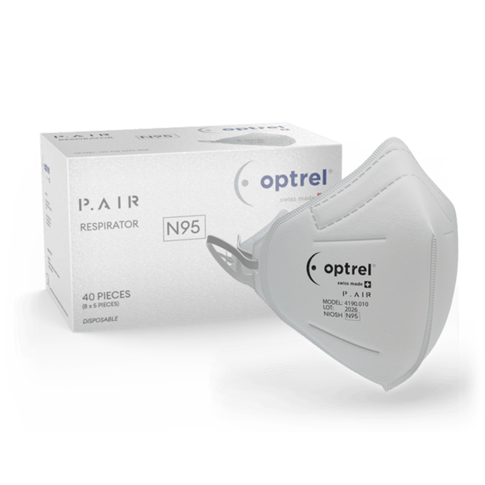 Optrel P.Air N95 Mask (400 Pack) and box packaging behind it.