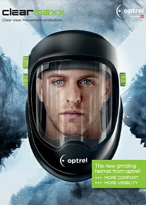 Optrel Clearmaxx Series product brochure cover featuring the Optrel Clearmaxx welding helmet on the center, and the logo and tagline on the upper-left corner.