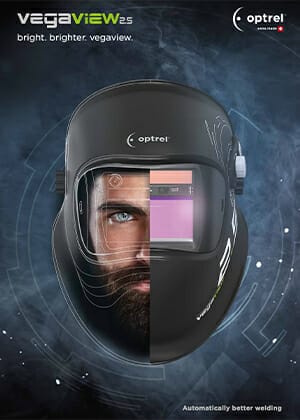 Vegaview 2.5 Product Brochure Cover featuring front view of Optrel Vegaview 2.5 welding helmet, the Vegaview 2.5 logo, and its slogan.