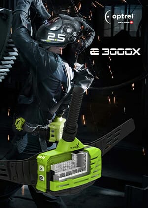 Optrel E3000X Product Manual Cover featuring the E3000x PAPR welding system worn by a guy on the left, and the Optrel and product logos on the upper-right corner.