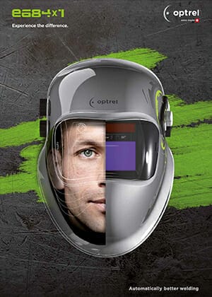 Optrel E684 product brochure cover featuring the Optrel E684 welding helmet on the center, and the Optrel E684 logo and tagline on the upper-left corner.