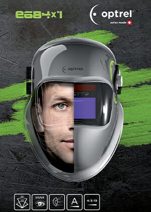 Optrel E684 Product Manual Cover featuring E684 welding helmet on the center, E684logo & Optrel logo on the top, & the E684 features icons on the bottom.