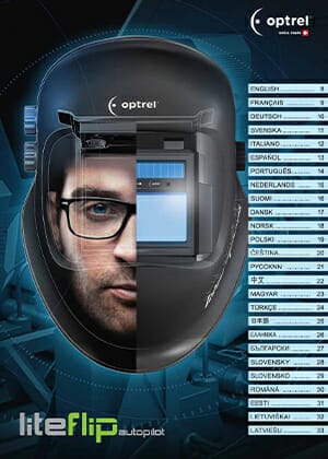 Optrel Liteflip Autopilot product manual cover featuring Liteflip Autopilot welding helmet on the center and the list of its features at the right.