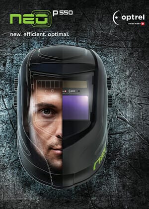 Optrel Neo P550 product manual cover featuring the Neo P550 welding helmet on the center, the Neo P550 logo and tagline on the upper-left, and the Optrel logo on the upper-right corner.