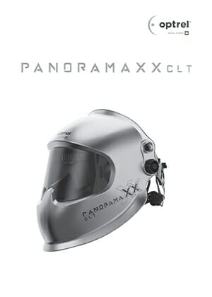 Panoramaxx CLT product manual cover featuring the Optrel Panoramaxx CLT welding helmet on the center and the Panoramaxx CLT logo at the top.