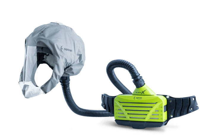 Optrel Softhood Grey Short connected to Optrel E3000X PAPR respirator.