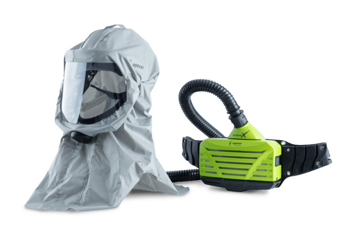 Optrel Softhood Grey Long connected to E3000X PAPR respirator.