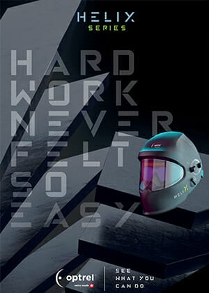 Optrel Helix Series product brochure cover featuring the Optrel Helix welding helmet at the left corner and its tagline at the right.