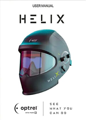 Optrel Helix Series product manual cover featuring the Helix welding helmet on the center, the brand name on the top, and the Optel logo and product tagline on the bottom.